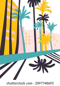 Abstrakter Stadtvektor. Sonniger Ort ohne Menschen. Stadtgebäude Fenster und Palmen.  Flat abstrakte Illustration Stadt Straße. Hübsches buntes Typografie-Poster. Sommerreisepaket.