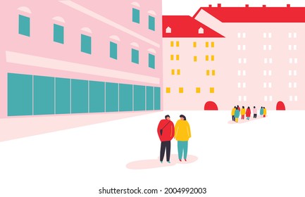 Urban landscape drawing vector. City panorama with people's. Abstract architecture background geometric style. Cartoon vector buildings illustration.Trendy homes with windows, roof. City centre art.