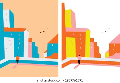 Vector de viaje a Europa. Afiche europeo de viajes. Calle, construyendo el vector de ilustración. Dos pancartas. Paisaje urbano