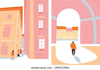 Urban landscape drawing vector. Simple and cozy street, people, palm. Abstract architecture background geometric style. Cartoon vector buildings illustration.Trendy homes with windows, roof and people