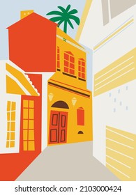 Urban landscape drawing vector. Simple and cozy street, small houses. Abstract architecture background geometric style. Cartoon vector buildings illustration.Trendy homes with windows, roof and trees