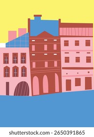 Urban landscape drawing vector. Simple and cozy street, cafe, people, house. Abstract architecture four banner. Cartoon vector buildings illustration.Trendy homes with windows, roof and people.	
