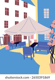 Urban landscape drawing vector. Simple and cozy street, cafe, people, house. Abstract architecture four banner. Cartoon vector buildings illustration.Trendy homes with windows, roof and people.	
