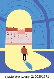 Urban landscape drawing vector. Simple and cozy street, cafe, people, house. Abstract architecture four banner. Cartoon vector buildings illustration.Trendy homes with windows, roof and people.	
