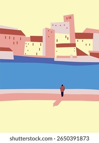 Urban landscape drawing vector. Simple and cozy street, cafe, people, house. Abstract architecture four banner. Cartoon vector buildings illustration.Trendy homes with windows, roof and people.	
