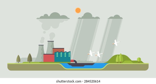 Urban landscape. Ecology, environmental protection: production, factory, plant, pollution, smoke, building. Vector flat illustrations