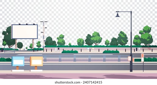 Urban landscape element for game on transparent background. Modern city road with flower beds, trees, posters and billboards