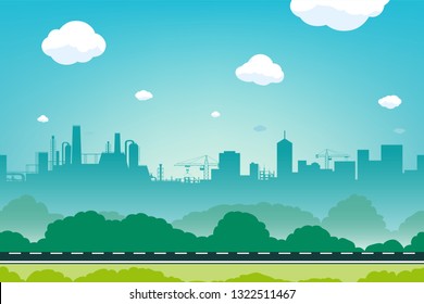 Urban landscape with empty road. Skyline city buildings. Vector illustration.