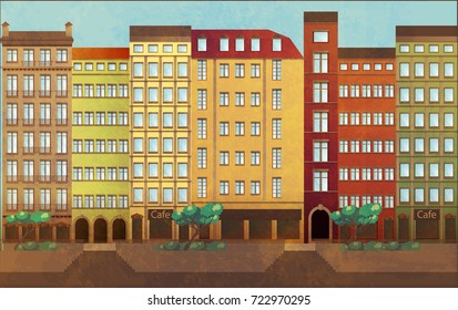 Urban landscape. European style riverfront and houses.
