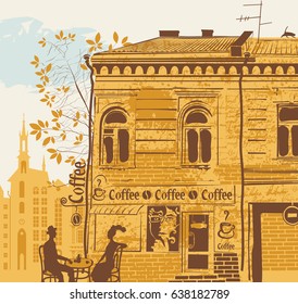 urban landscape with exterior of cafe and love couple on the background of manuscript with blots. Banner for coffee house with old building in retro style