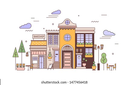 Urban landscape with facades of exquisite European building and bakery. Street view of city district with elegant house and bakeshop or bakehouse. Colorful vector illustration in line art style.