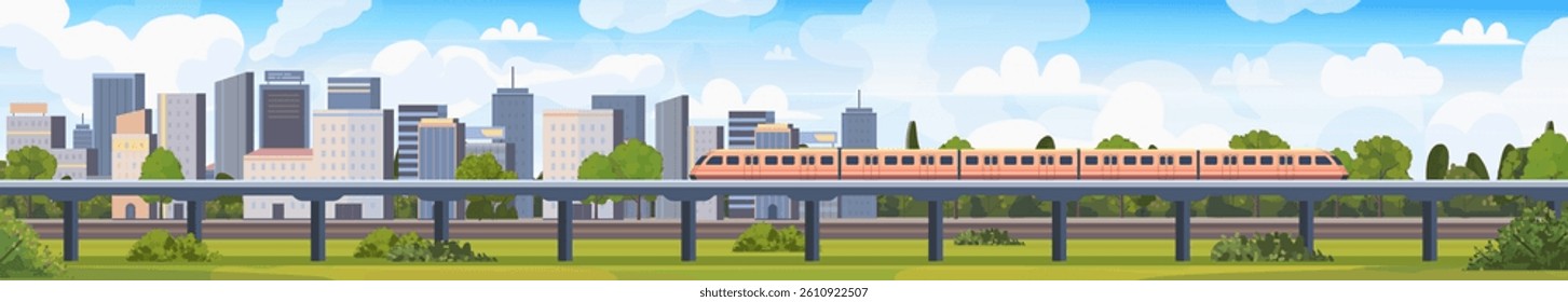 Urban landscape featuring buildings, trees, and roads, with a modern high-speed train traveling through the city. A train crossing a bridge. Vector illustration. Not AI generated