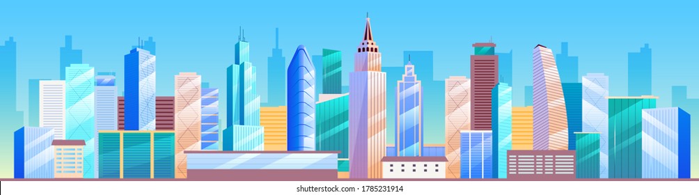 Urban landscape flat color vector illustration. City skyline. Metropolis 2D cartoon cityscape with skyscrapers on background. Business district architecture, downtown panorama with tall buildings