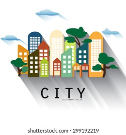 Urban landscape in flat design with balloon and cloud welcome city Vector illustration in modern colors.