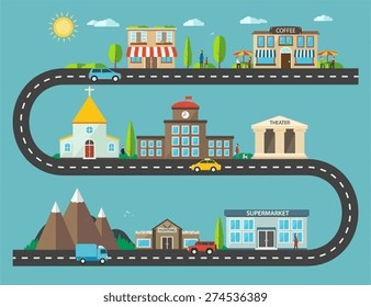 Urban landscape in flat design. City life with modern icons of urban and suburban buildings