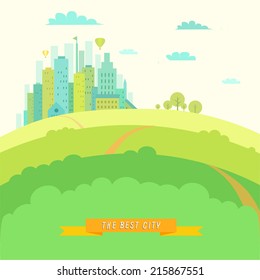 Urban landscape in flat design. Eco concept. Vector illustration in modern colors.  