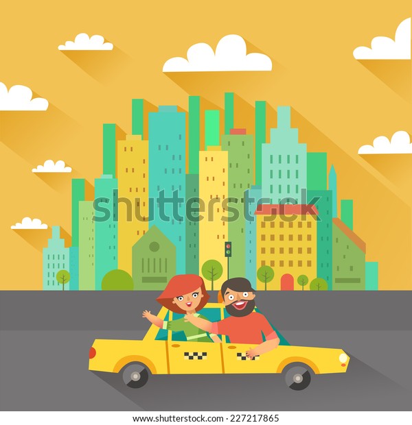 Urban landscape in flat design. Happy people in a\
taxi cab and buildings on background. Vector colorful illustration\
in modern colors