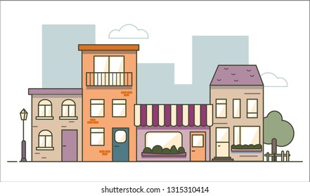 Urban landscape in flat line design isolated