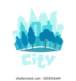 Urban landscape in flat style. City skyline vector illustration. Blue city silhouette icon. Urban life. City background. Vector illustration