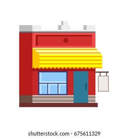 Urban landscape in flat style design. City shops vector illustration.