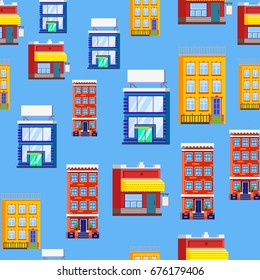 Urban landscape in flat style design pattern. City shops, gym vector illustration.