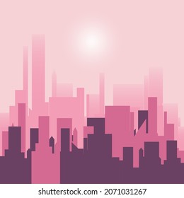 Urban landscape in a flat style. Silhouette of city buildings, vector background. Architecture of a modern city. Pink color. Vector illustration of the city in the daytime.