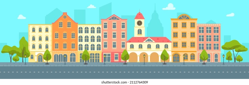 Urban landscape flat vector concept. Old city buildings, houses, road, trees. Small town illustration.Town city street panoramic cityscape background in flat style. Set of city buildings.