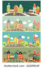 Urban landscape of four seasons. Vector illustration