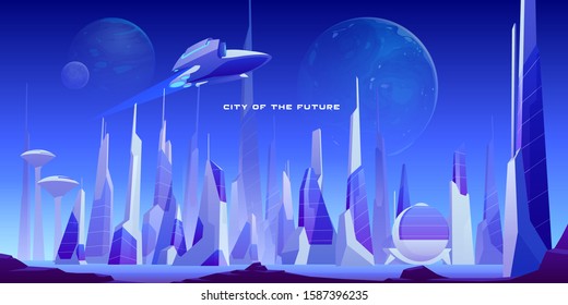 Urban landscape of future city with modern buildings, planets in night sky and flying spaceship. Vector futuristic cityscape with skyscrapers and rocket. Illustration of cyberpunk town