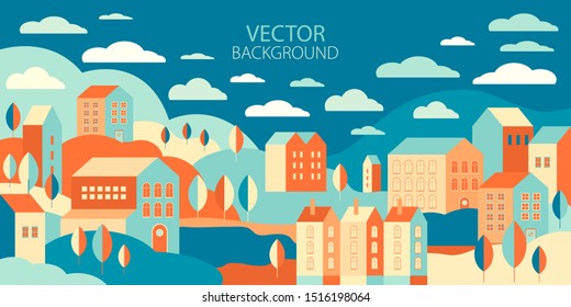 The urban landscape in a geometric minimal flat style. Autumn urban background with buildings, trees, hills in vector. Abstract horizontal banner with an empty space for the text.