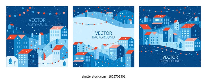 Urban landscape in a geometric minimal flat style. New year and Christmas city with garlands. Vector set of social media post design template, cards, mobile app, banner, internet ads. Space for text