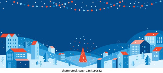 Urban landscape in a geometric minimal flat style. New year and Christmas winter city among snowdrifts, falling snow, trees and festive garlands. Abstract horizontal banner with space for the text.