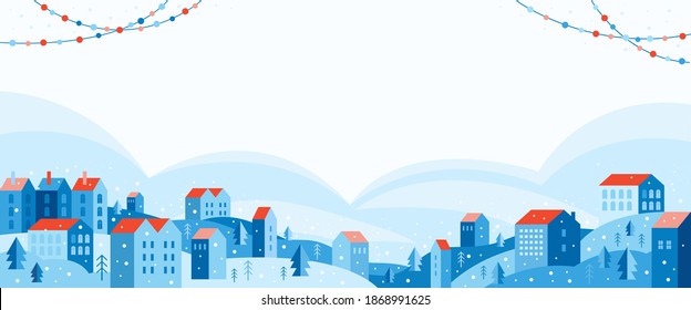 Urban landscape in a geometric minimal flat style. Festive snow city in winter decorated with garlands. Cozy houses on a hill among trees. New year and Merry Christmas. Abstract horizontal banner