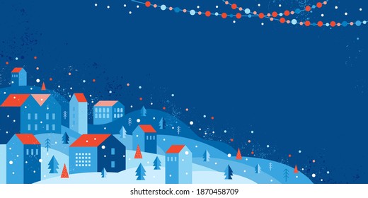 Urban landscape in a geometric minimal flat style. New year and Christmas winter city among snowdrifts, falling snow, trees and festive garlands. Abstract horizontal banner with space for the text.