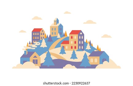 Urban landscape in geometric minimal flat style. New year and Christmas winter city on hills, falling snow and fir trees. City or town buildings. Horizontal banner, winter holiday greeting card.