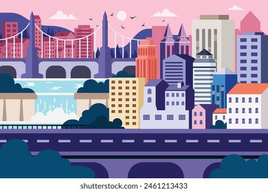 Urban landscape in a geometric minimal flat style, Flat design urban landscape illustration