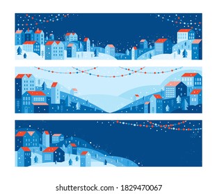 Urban landscape in a geometric simple minimal flat style. New year and Christmas winter city with garlands. Set vector illustrations. Abstract horizontal banner and background with copy space for text