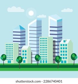 Urban landscape green color with high skyscrapers - Vector illustration.