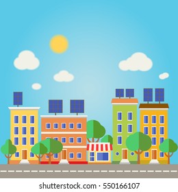 Urban landscape, green energy, ecology. Flat design vector concept illustration. Solar panels on the roofs of urban buildings.