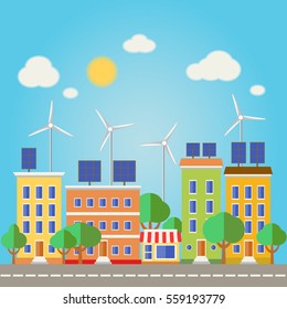 Urban landscape, green energy, ecology. Flat design vector concept illustration.
Wind turbines and solar panels in the city.