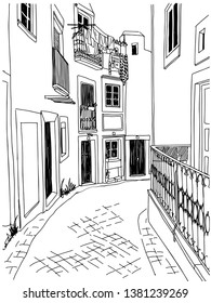 Urban landscape in hand drawn sketch style. Old street in romantic Alfama, Lisbon, Portugal. Steps up. Ink line drawing. Vector illustration on white background