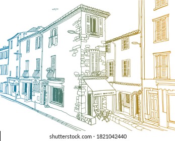 Urban landscape in hand drawn sketch style. Old street of romantic Antibes, Provence, France. Nice European city. Colorful Line art. Wall decor. Vector illustration.