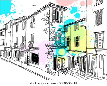 Urban landscape in hand drawn sketch style. Old street of romantic Antibes, Provence, France. Nice European city. Line art. Wall decor. Vector illustration on blob background.
