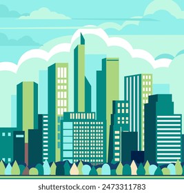 Urban landscape with high skyscrapers and subway. Simple minimal geometric flat style. Vector illustration.