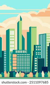 Urban landscape with high skyscrapers and subway. Simple minimal geometric flat style. Green and blue shades. Vector illustration. 
