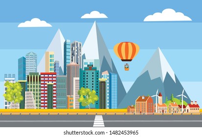 Urban landscape, highway with automobils, city buildings, towers . Family houses in town and clouds in the sky. Flat background, vector
