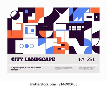 Urban landscape. Horizontal poster with a minimalistic design in the Bauhaus style, brutal cover with abstract geometric shapes