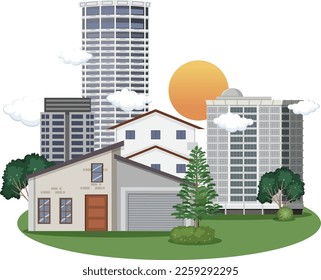 Urban landscape with houses and buildings illustration