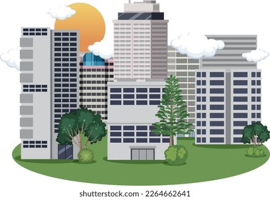 Urban landscape with houses and buildings illustration