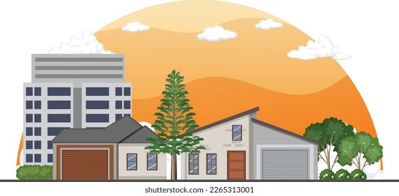 Urban landscape with houses and buildings illustration